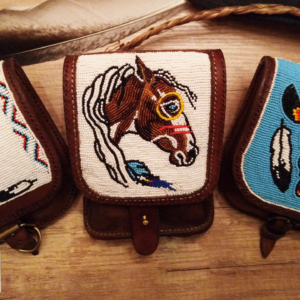 Leather Belt Pouch with Beaded Horse Motif